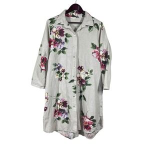 Marisima Italian Linen Shirt Dress Button Front Shift Floral Lagenlook Boho Art